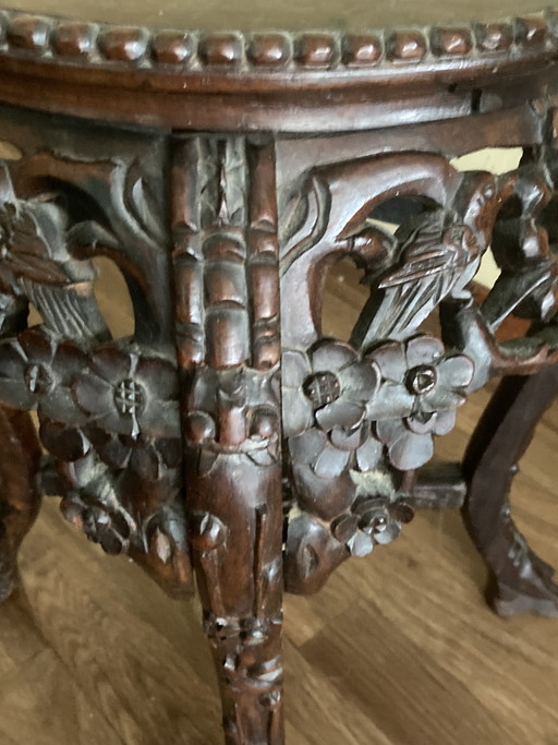 Antique Chinese Richly Decorated Wood Carving, Birds and Flowers – plantentafel, Marble (photo 2 of 5)