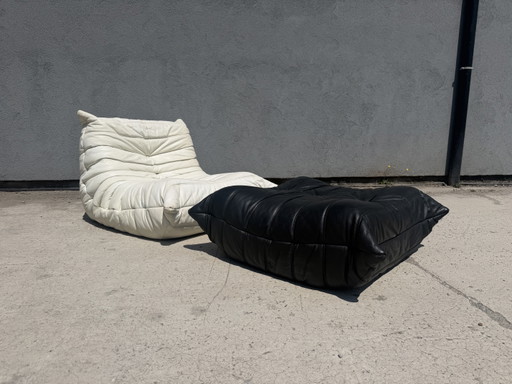100 % authentisches Ligne Roset Togo 1-teiliges Set + Pouf, originales schwarz-weißes Leder