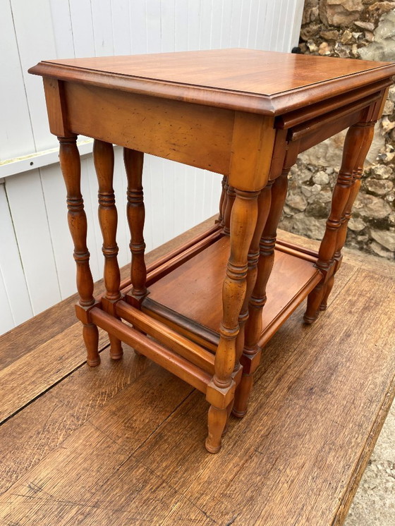 Image 1 of Set of 3 rustic cherry wood nesting coffee tables 1950