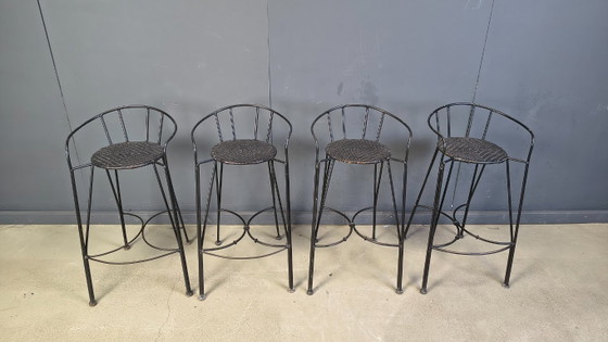 Image 1 of Tabourets de bar vintage en fer forgé et rotin, lot de 4 - années 1970