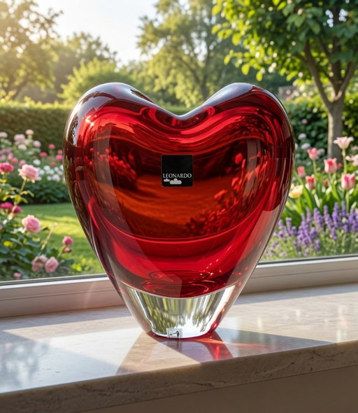 (W009) Leonardo Heart Vase Ruby Red Glass – 17cm – 2kg Heavy Decoration