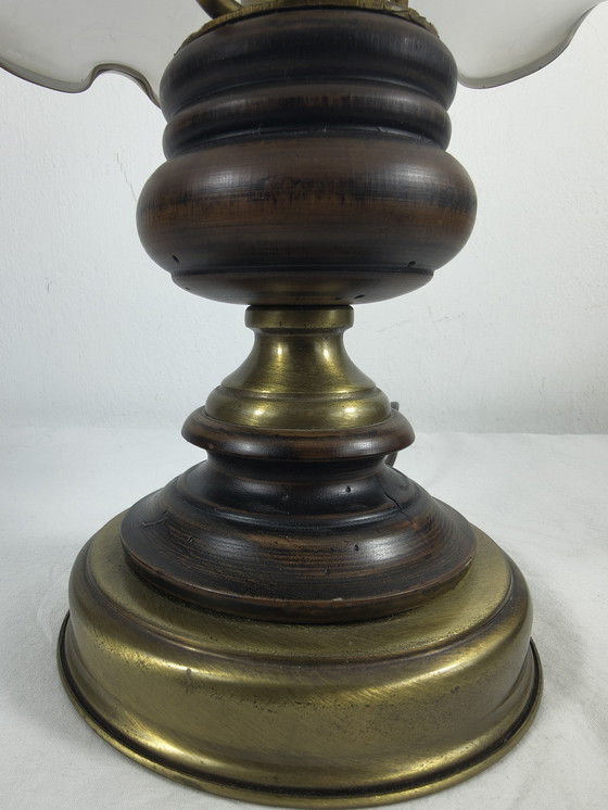Image 1 of Vintage brass wood table lamp with opaline glass shade – classic / country style