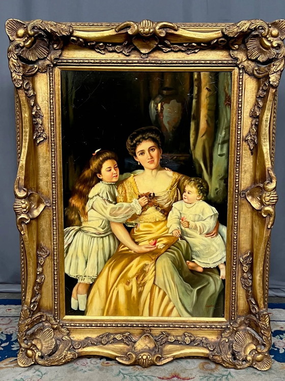 "Familiescène". Olieverf op doek. – Schilderijen & Tekeningen, Canvas (photo 3 of 7)