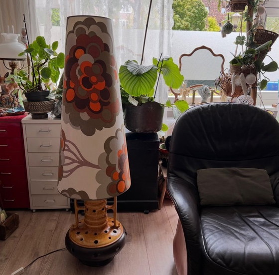 Image 1 of Vintage ceramic floor lamp with floral shade, west Germany style 