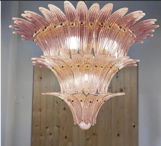 Image 1 of Lámpara de araña de cristal de Murano rosa "Palmette" de mediados de siglo