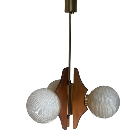 Image 1 of Hanging pendant - Model Sputnik - Wooden base, brass details and three glass domes - Mcm / Space Age Design