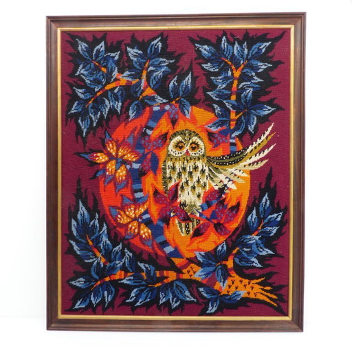 Grande tela da parete incorniciata con decorazione stilizzata di gufo e fogliame, produzione Royal Paris, anni '70.