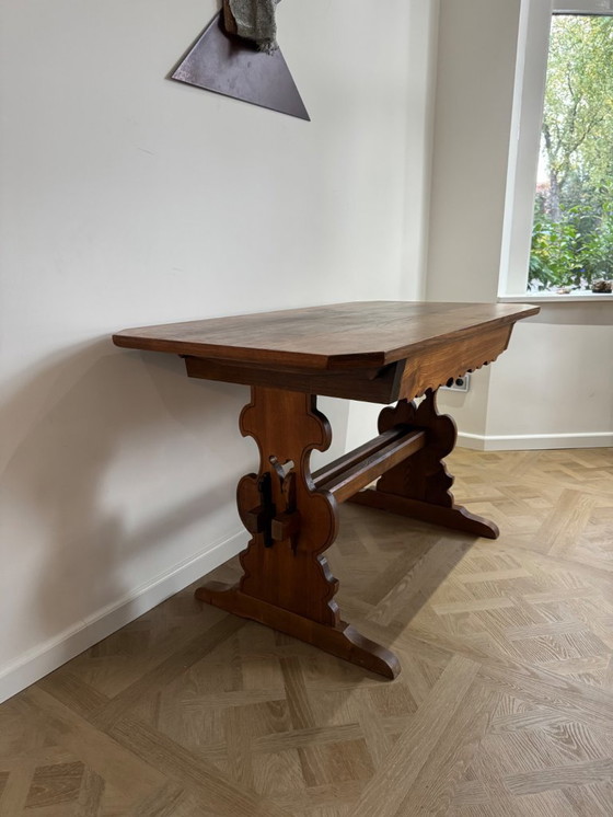 Image 1 of Antique German / Alpine Trestle Table With Drawer