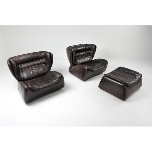 Vintage dark brown "Pasha" lounge chairs and ottoman by Durlet 1970