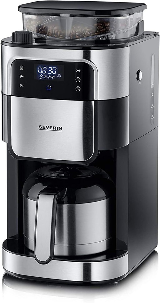 SEVERIN Cafetière avec broyeur intégré 1 000 W, Machine à café programmable avec minuteur, Cafetière filtre avec verseuse isothe