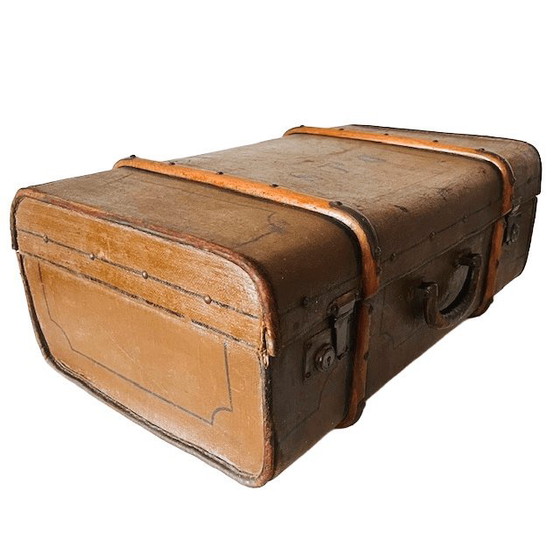Image 1 of Antique canvas trunk with wooden bumpers, 1900s