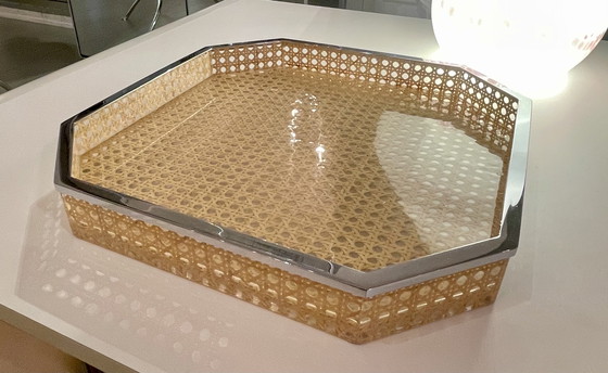 Image 1 of Plexiglas rieten dienblad GabriellaCrespi Italië jaren 70