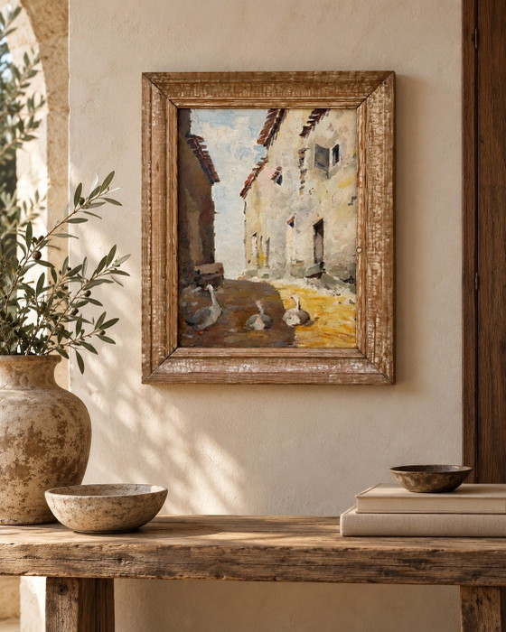 1930 French Double-Sided Oil Painting with Geese and Boat, Rustic Frame, Paintings & Drawings, Other, Wood (photo 2 of 9)