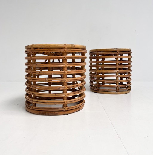 Set of 2 rattan designer stools by Tito Agnoli, 1960's