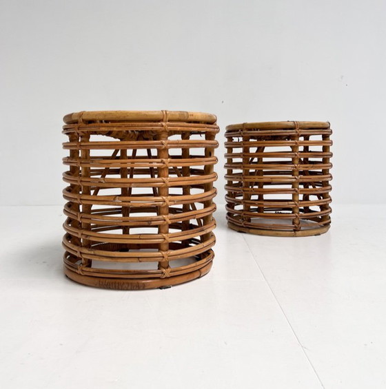 Image 1 of Set of 2 rattan designer stools by Tito Agnoli, 1960's