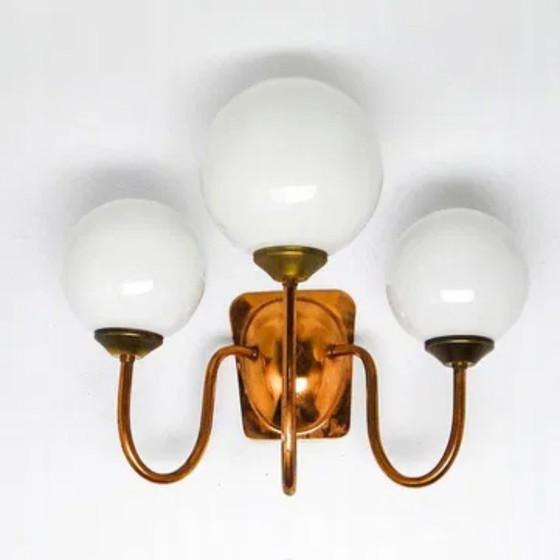Dreiarmige Wandleuchte aus poliertem Kupfer, 1970er Jahre, Wandleuchten, Glas, Messing, Braun (Foto 6 von 7)
