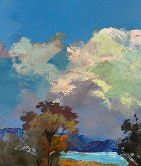 Image 1 of Peinture à l'huile originale, paysage de route d'été. L'harmonie paisible de la nature.