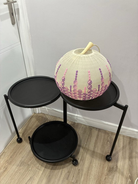 Høyrup Plast Danish pendant lamp, embroidered floral shade, 1960s, Textile, Plastic, Pink (photo 6 of 7)
