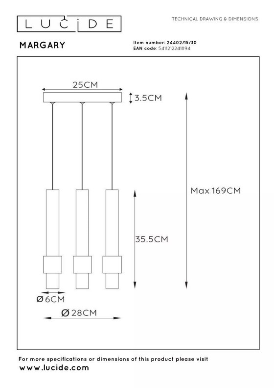 Image 1 of Lucide MARGARY - Hanglamp - Ø 28 cm - LED Dimb. - 3x4W 2700K - Zwart