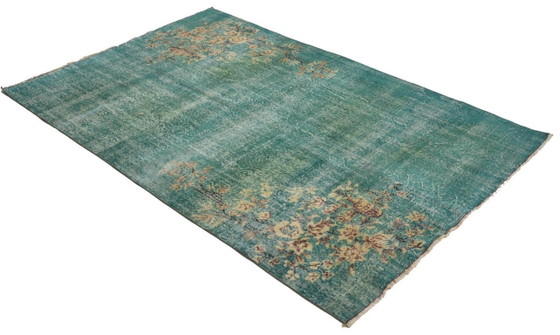 Vintage Turkish Overdyed Rug 261x162 Cm – Teal Handknotted Wool Carpet With Distressed Floral Design (photo 6 of 12)