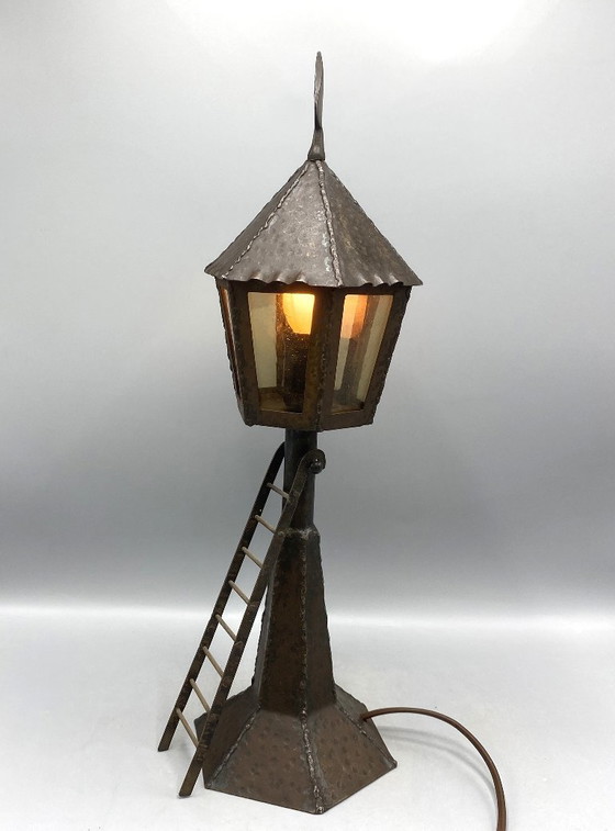 Image 1 of Vintage handgesmede smeedijzeren vuurtoren tafellamp – Rustieke 