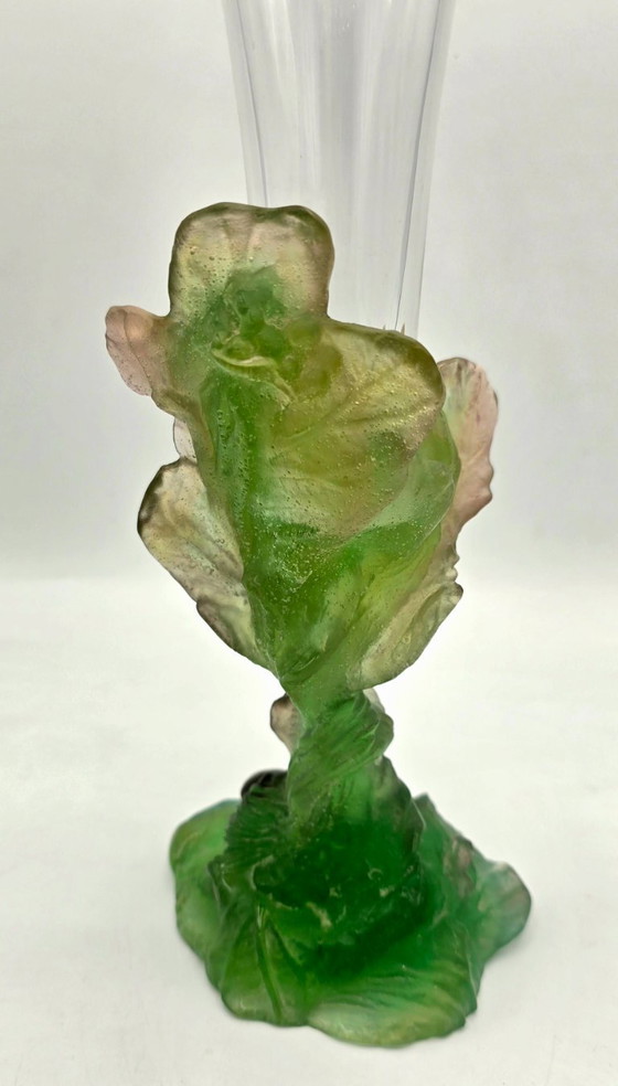 Image 1 of Daum - soliflore vase in crystal and green glass paste with vegetal decoration