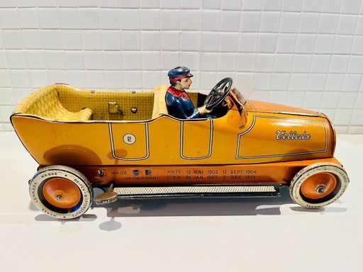 Voiture de tourisme décapotable Lehmann Velleda avec figurine de pilote EPL 730 1900-1910 JOUET EN FER-BLANC