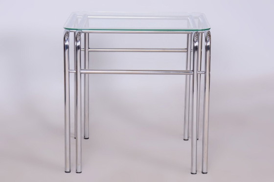 Originele 20e-eeuwse zitset met tafel, chroom, glas, Slowakije, jaren 70 – Stoelen / fauteuils, Textile (photo 9 of 14)