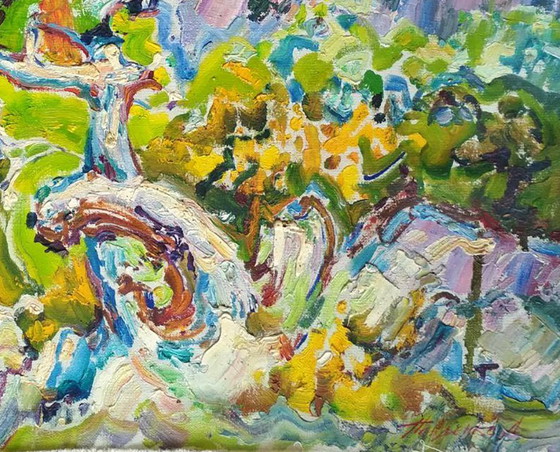 Origineel olieverfschilderij: Landschap, natuur, lenteochtend in de bergen – Schilderijen & Tekeningen, Canvas (photo 5 of 5)