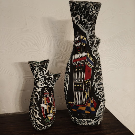 Image 1 of Vintage San Marino Brutalist Lava Ceramic Vase Set – Mid Century Italian Pottery