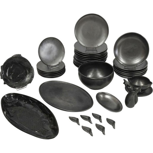 Service de table Vintage Ceramony Vallauris en faïence noire mate, 1950