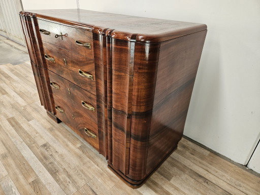 Commode Art déco des années 1940 en noyer, à 4 tiroirs et poignées en laiton
