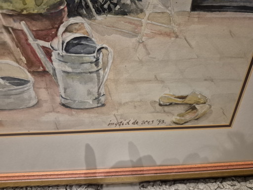 Grande aquarelle romantique signée, dans un magnifique cadre.