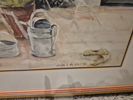 Image 1 of Grande aquarelle romantique signée, dans un magnifique cadre.