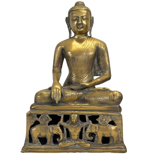 Antiek bronzen Boeddhabeeld met opengewerkte olifantenbasis 34cm