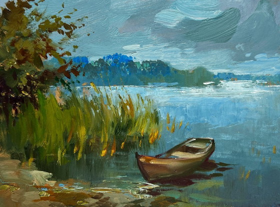 Image 1 of Original Oil Painting Summer River Landscape A boat among the reeds