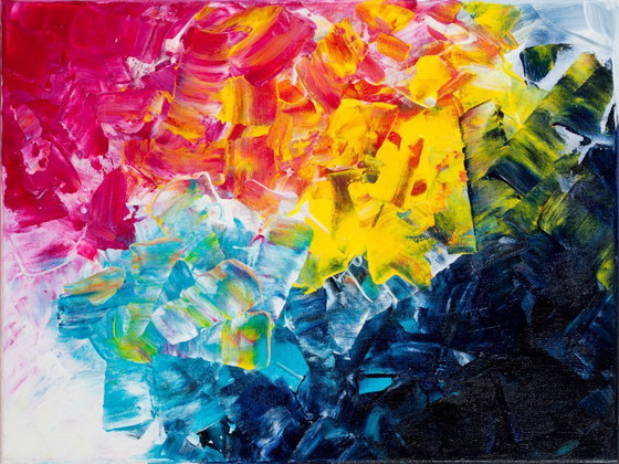 Image 1 of Acrylic painting on canvas in blue, pink, and yellow.