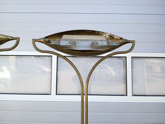 Rare pair (2x) Vintage Florian Schulz 'Dona' Brass Uplighters (1979), Floor lights, Stone, Gold (photo 6 of 10)