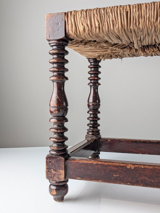 Image 1 of Spanish Provincial Bobbin-Turned Rush Bench, 1940s
