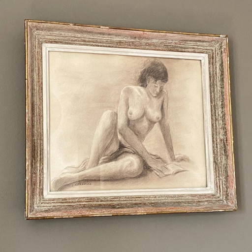Tableau ancien. Femme allongée. 1950.