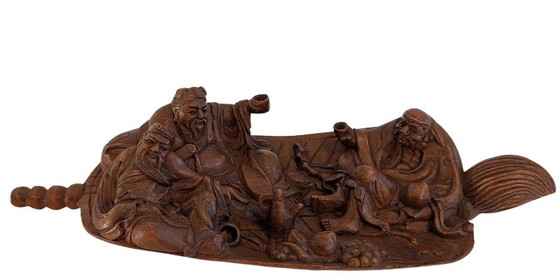 Chinees houten snijwerk, 19e eeuw – Onsterfelijken in een boot. – Beeldhouwkunst, Wood (photo 3 of 10)