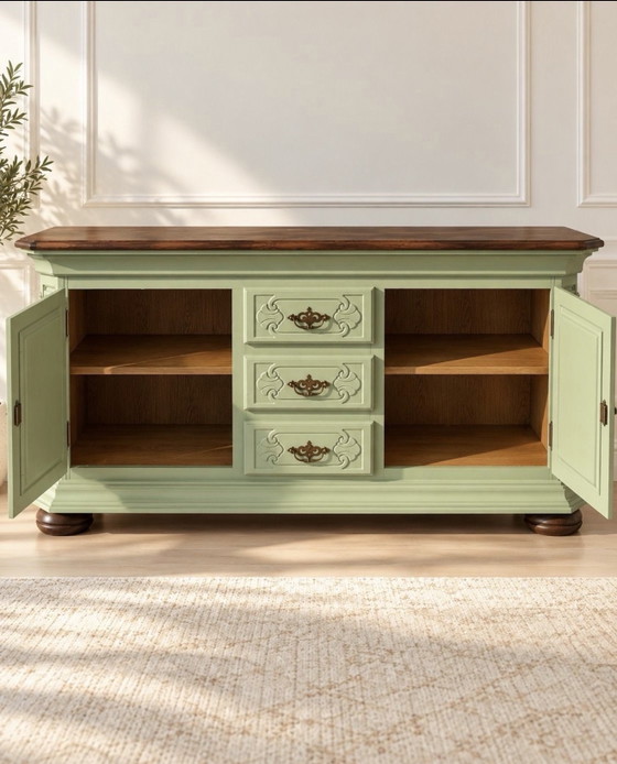 Restored Vintage Chest of Drawers – Sage Green – Dark Wood Top – Sideboard, Brass (photo 3 of 5)