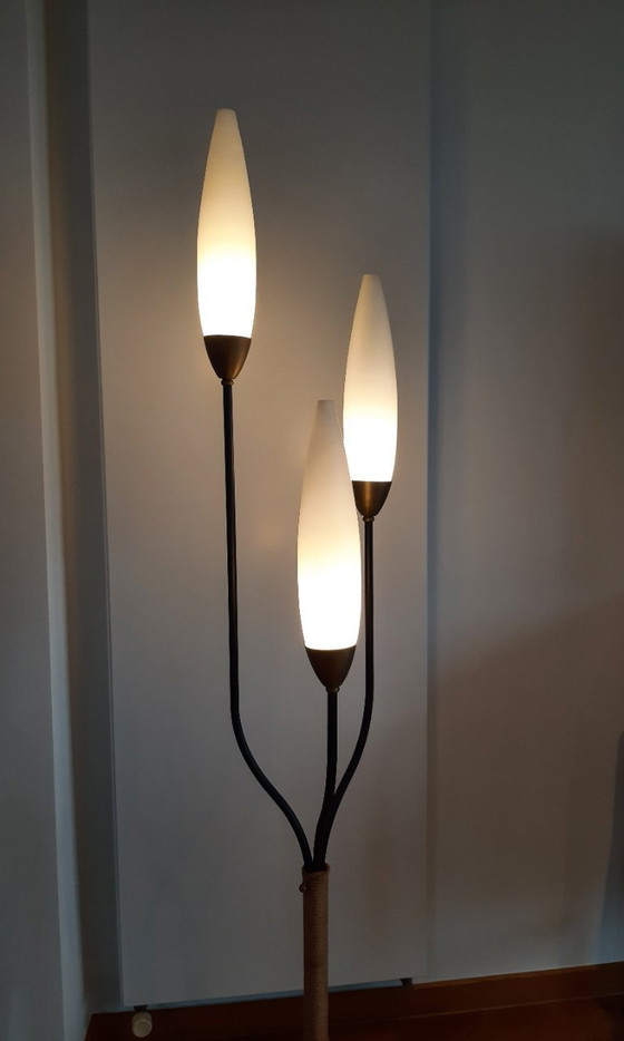 Image 1 of Lampada da terra francese vintage con treppiede in opalino, anni '50
