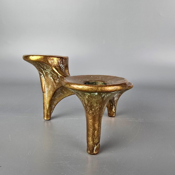 Image 1 of Bronzen vintage kandelaar voor 3 kaarsen. Ontwerp van Michael Harjes. Jaren '60 '70. Brutalistisch ontwerp.