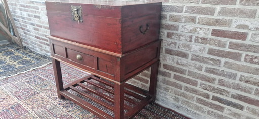 Antique Chinese blanket chest with drawer and base