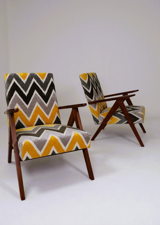 Paire 2 Vintage Sessel Gelb Jacqudard Ethnischen Stoff Skandinavischen Design Holz Lounge Stuhl