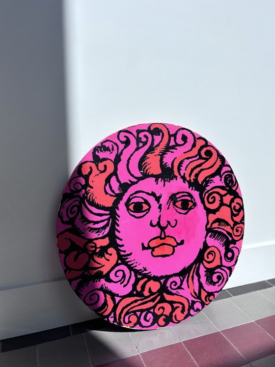 Image 1 of Rara coppia di insegne psichedeliche vintage degli anni '70 a doppia faccia raffiguranti un sole (50 cm)