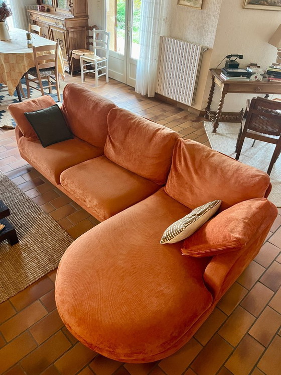Image 1 of Viscoti vintage stoffen bank met chaise longue in roest/oranje