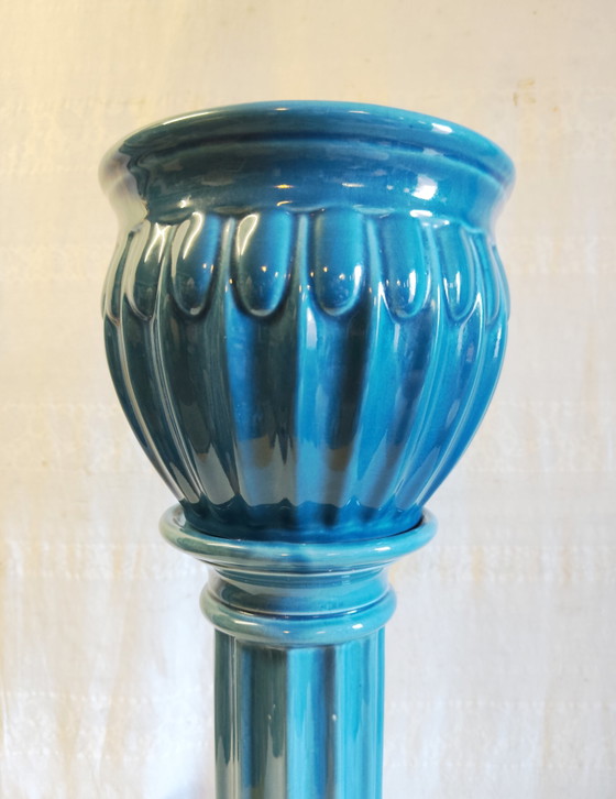Kolom en wasbak in art-decostijl van blauw geglazuurd keramiek - midden 20e eeuw – Plantenbak, Ceramic (photo 9 of 10)