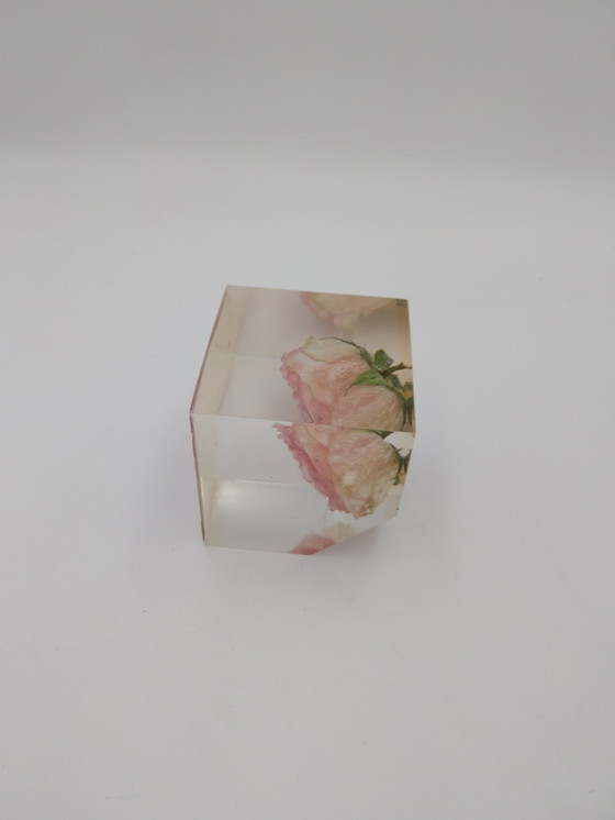 Image 1 of Deux compositions florales dans des blocs de résine époxy. Rose et tournesol, 10 x 10 x 10 cm.